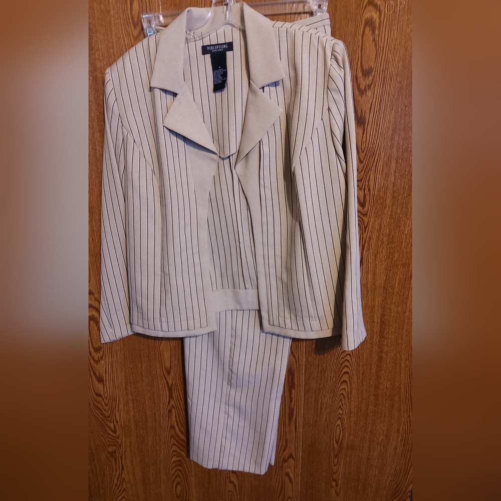 A pen striped pantsuit